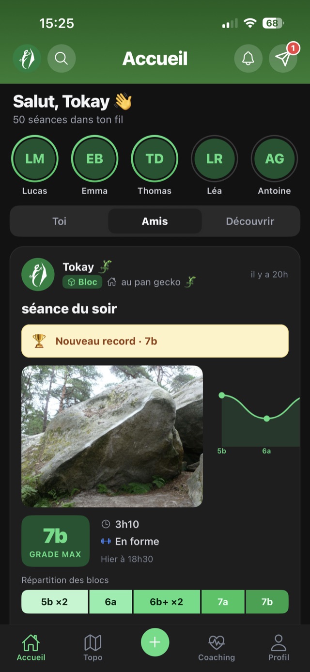 La communauté des grimpeurs dans l'appli Tokay